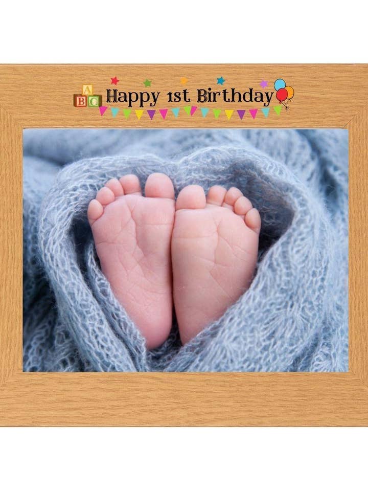Second Ave Happy 1st Birthday Baby Oak cornice portafoto orizzontale 6x4 idea regalo per la vendita all'ingrosso da parte di Second Ave Gift Company