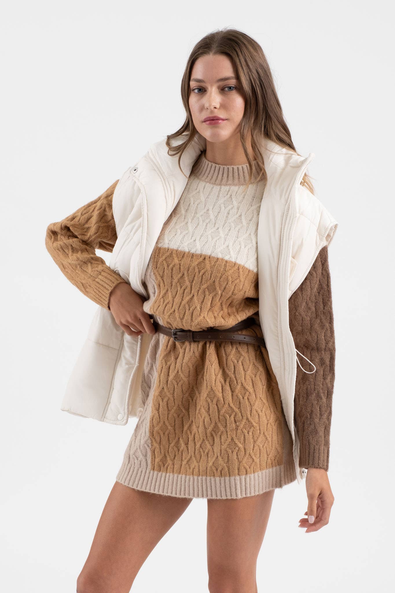 MINE – wholesale Dress – Women's – COLORBLOCK CREWNECK LONG SLEEVE KNIT SWEATER DRESS8