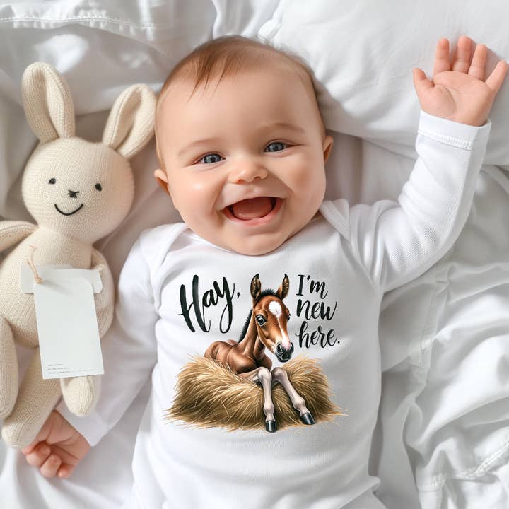 Hay I'm New Here Colt Baby Bodysuit, Cute Baby Horse Onesie for wholesale by AvaryMaeInspirations