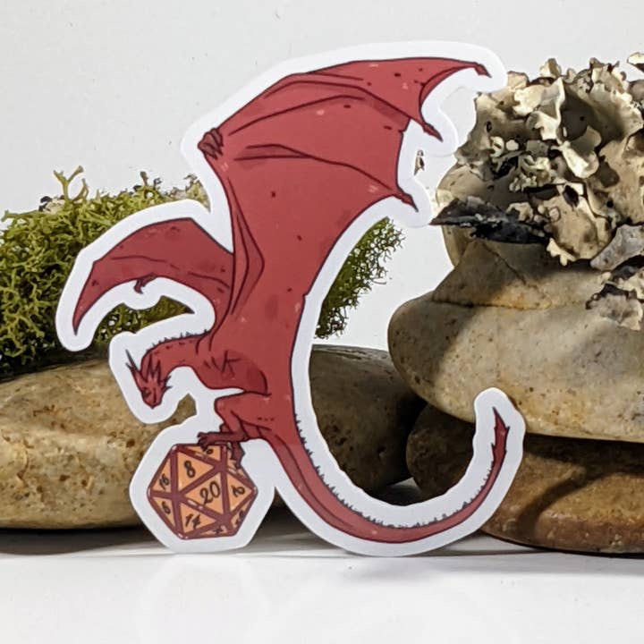 Red Dragon Swooping Down to Pick Up Dice Sticker - 3" for wholesale by Mimic Gaming Co