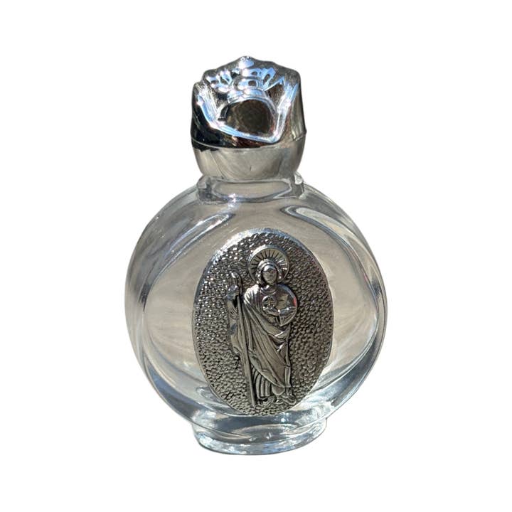 Bouteille d'eau bénite St. Jude avec bouchon en forme de rose 2,5" pour la vente par Oremus Mercy