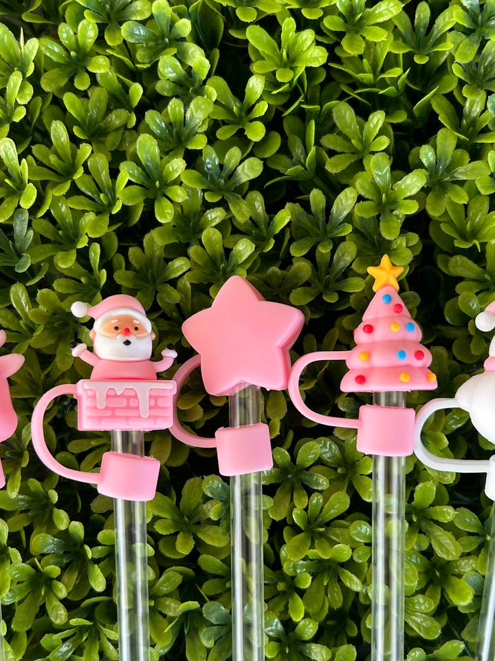 Pink Christmas Straw Toppers Set of 5 for wholesale by JILLIAN INK LLC