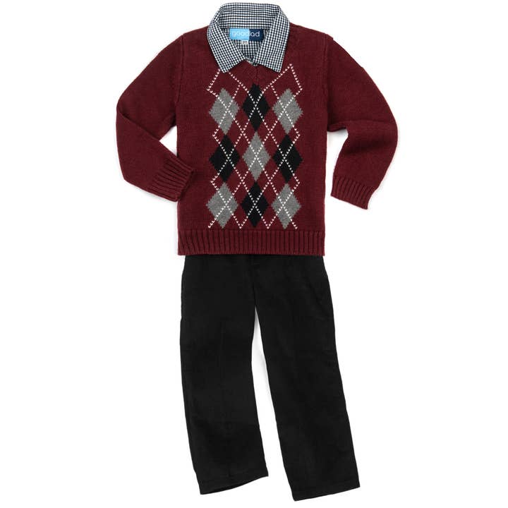 Good Lad Apparel - Wholesale Knit Sweater - Kids - Good Lad 4/7 Boys Burgundy Argyle Long Sleeve Sweater Set0