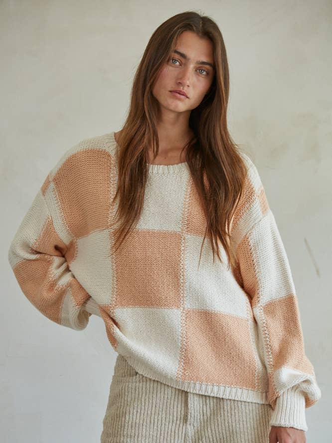 Cream Coral W1528 | Knit Sweater Gingham Print Long Sleeve Pullover for wholesale on Faire0