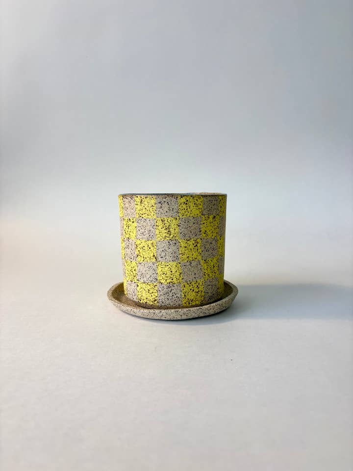 Planter + Saucer - Matte Yellow Checker for wholesale by Splish Splash Studio