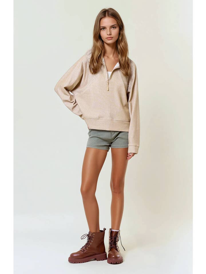 Doe and Rae - Wholesale Sweatshirt - Women's - Stripe Textured Half Zip-Up Long Sleeve Sweatshirt -43836T-14