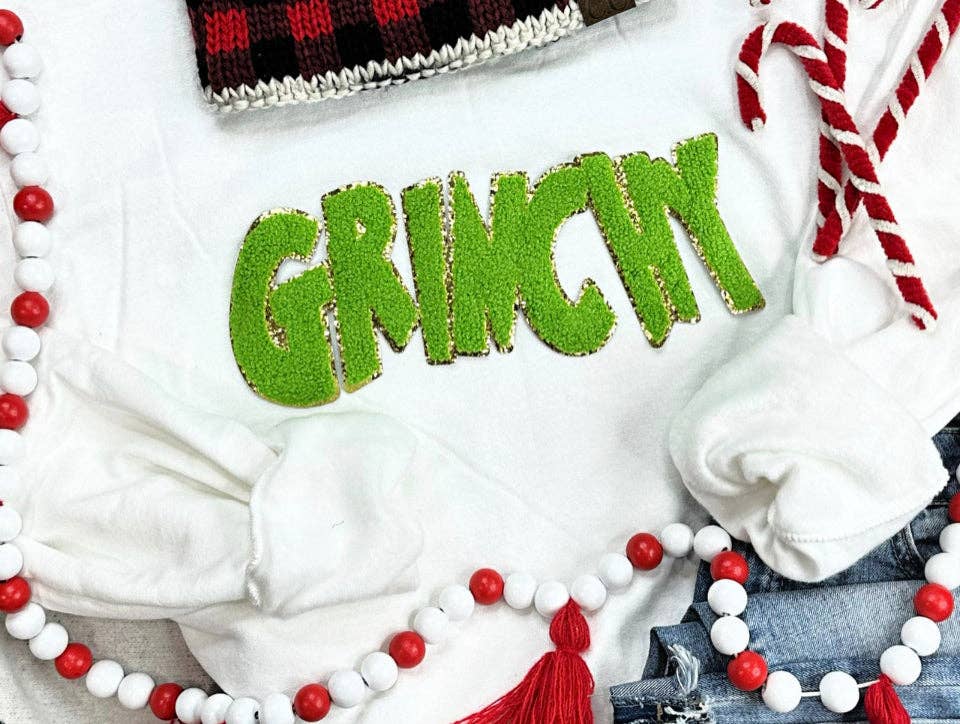 sequinandstiches – Engroshandel Patch – Grinchy Grøn og Glitrende Chenille Patch 11” Enkelt Patch Jul, Patches3