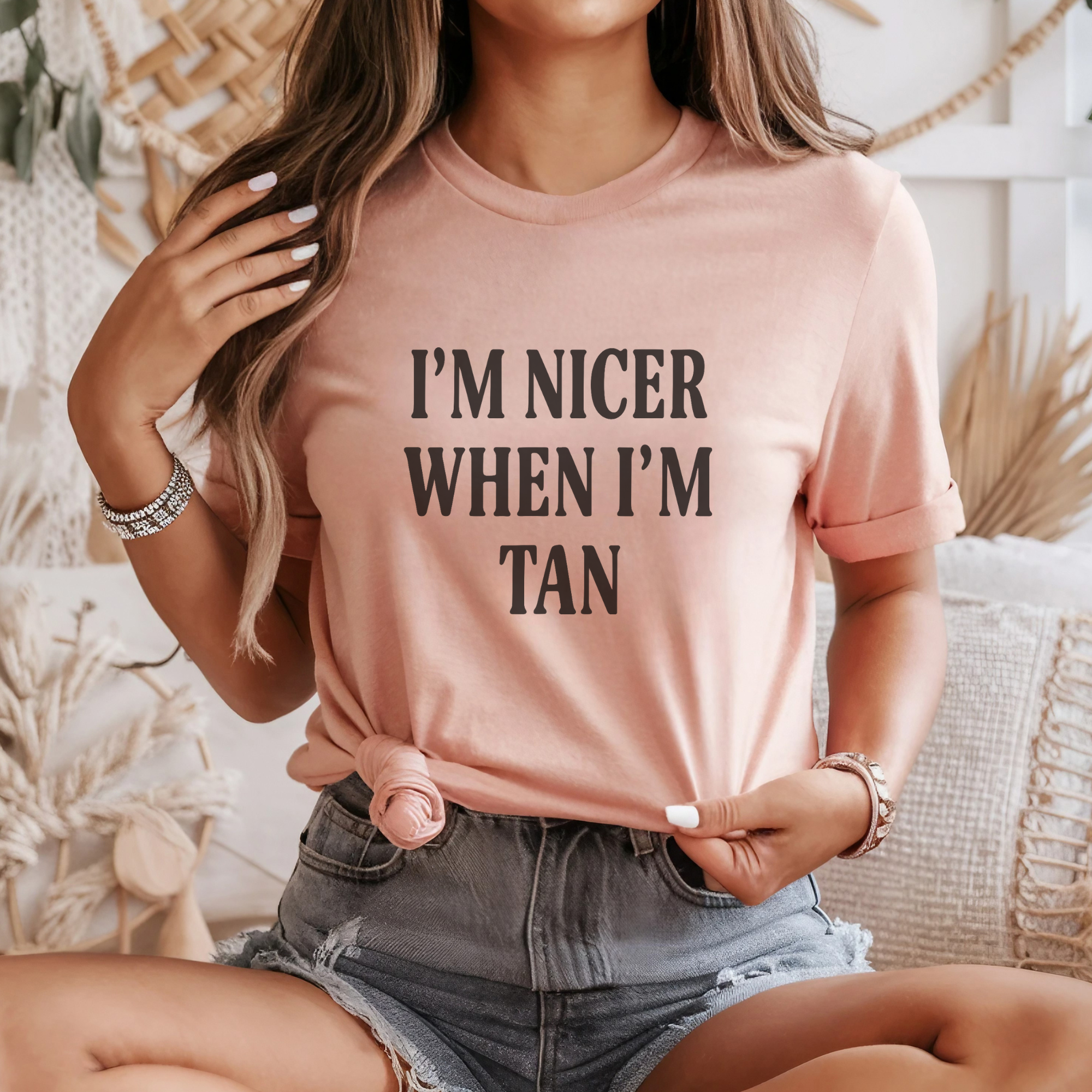 Trendznmore - Modern Graphic Apparel – wholesale Screen printed t-shirt – Women′s – I'm Nicer When I'm Tan Graphic Tee6