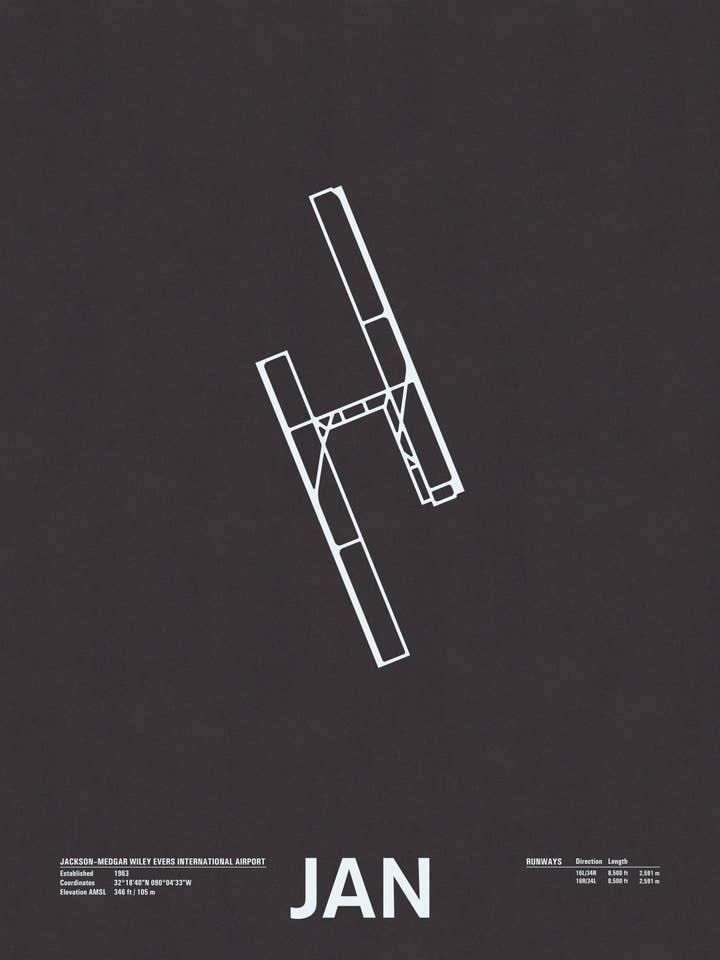 JAN: Jackson–Medgar Wiley Evers International Airport Screenprint for wholesale by NOMO Design