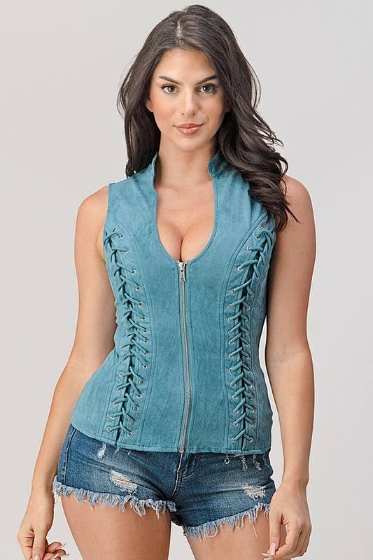 Lydia USA - Wholesale Blouse - Women's - Front Lace Up Back Cut Out Detail Suede Plus Top10