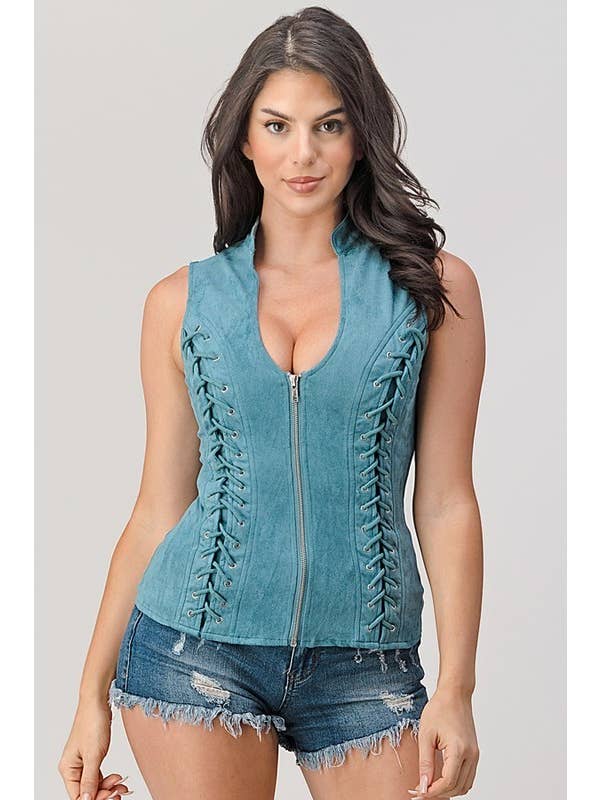 Lydia USA - Wholesale Blouse - Women's - Front Lace Up Back Cut Out Detail Suede Plus Top10