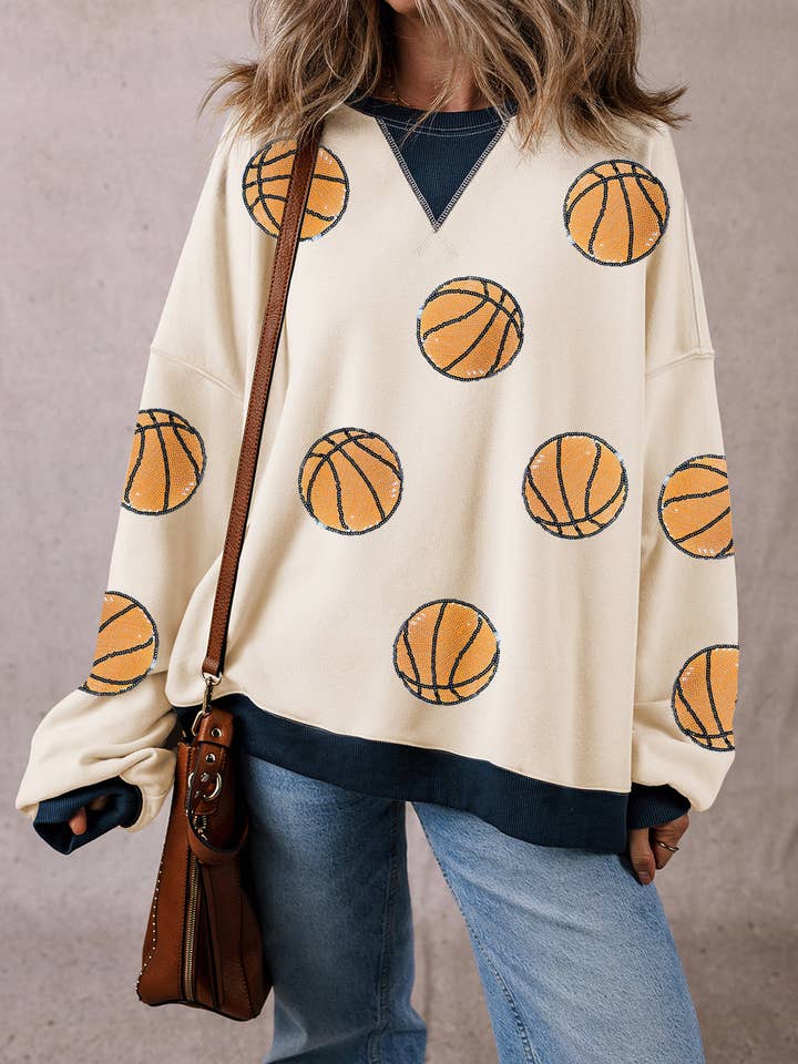 White Sequin Basketball Graphic Colorblock Edge Sweatshirt for wholesale on Faire