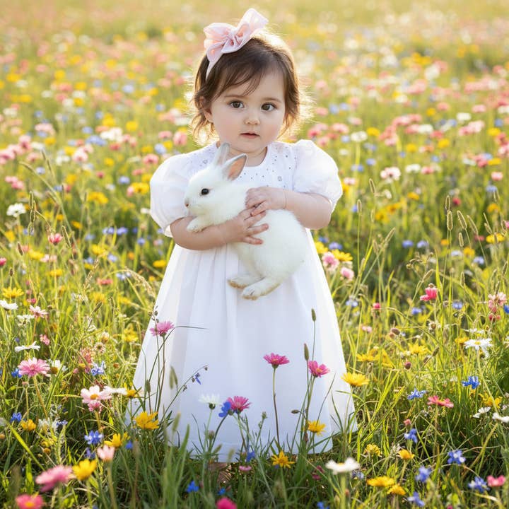 White Geometric Smocked with Pearl Short Bishop Sleeve Dress for wholesale by Hello Bebes!