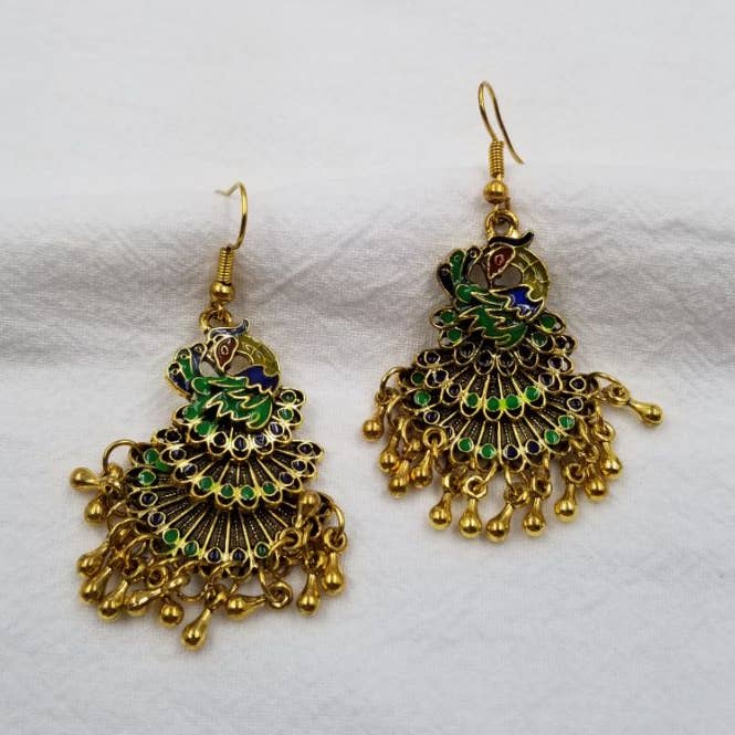 Gold Peacock Statement Earrings for wholesale by ENA Jewelry