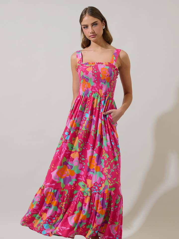 FUCHSIA MULTI Himera Floral Kells Smocked Maxi Dress for wholesale on Faire