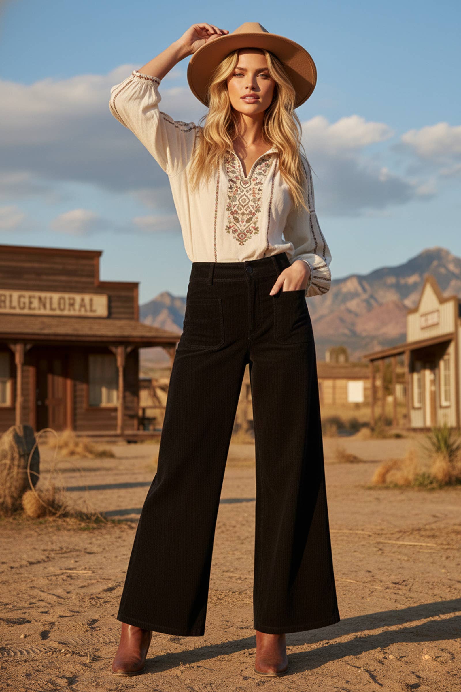 NOIR Pantalon large droit en velours côtelé en vente sur Faire1