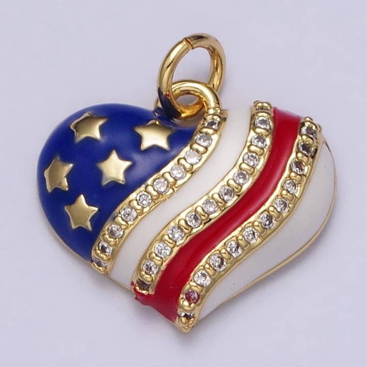 Gold Patriotic American Independence Flag Enamel Micro Paved Heart Charm | AC977 for wholesale by Aim Eternal