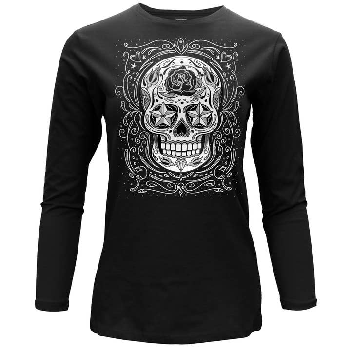 Maglia a Maniche Lunghe con Scollo a Barca Hot Leathers Sugar Skull da Donna Nera GLC3561 per la vendita all'ingrosso da parte di Hot Leathers