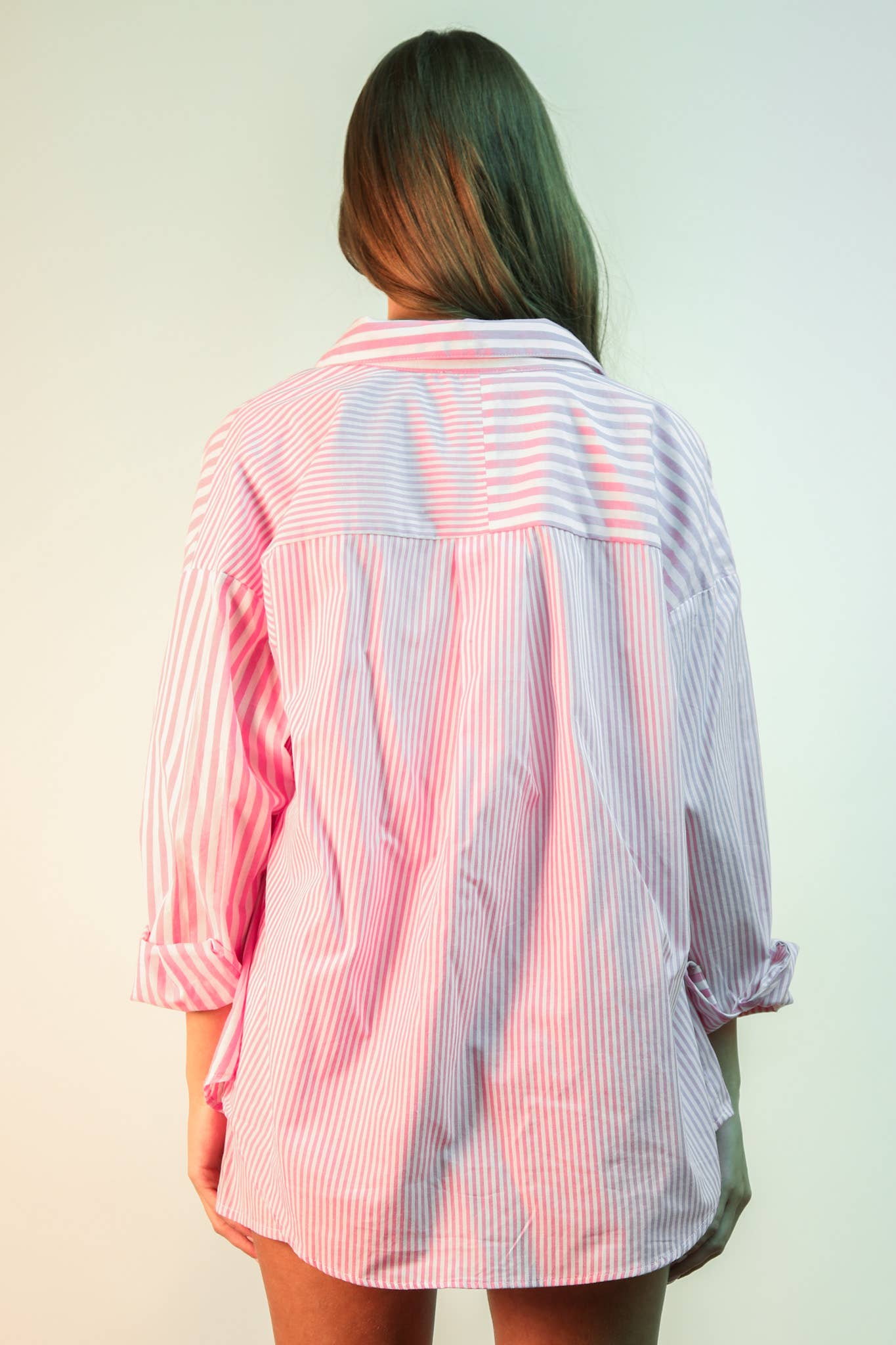 VERY J - Wholesale Lounge Set - Women's - NT12020SET-Striped Oversized Comfy Shirt Top & Shorts Set15