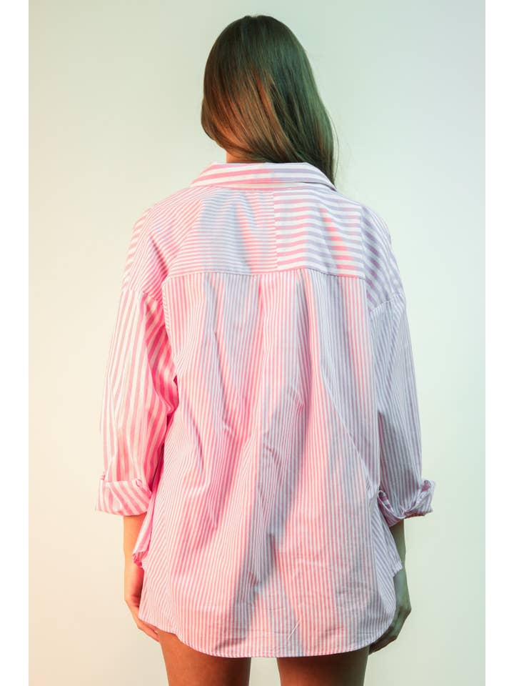 VERY J - Wholesale Lounge Set - Women's - NT12020SET-Striped Oversized Comfy Shirt Top & Shorts Set15