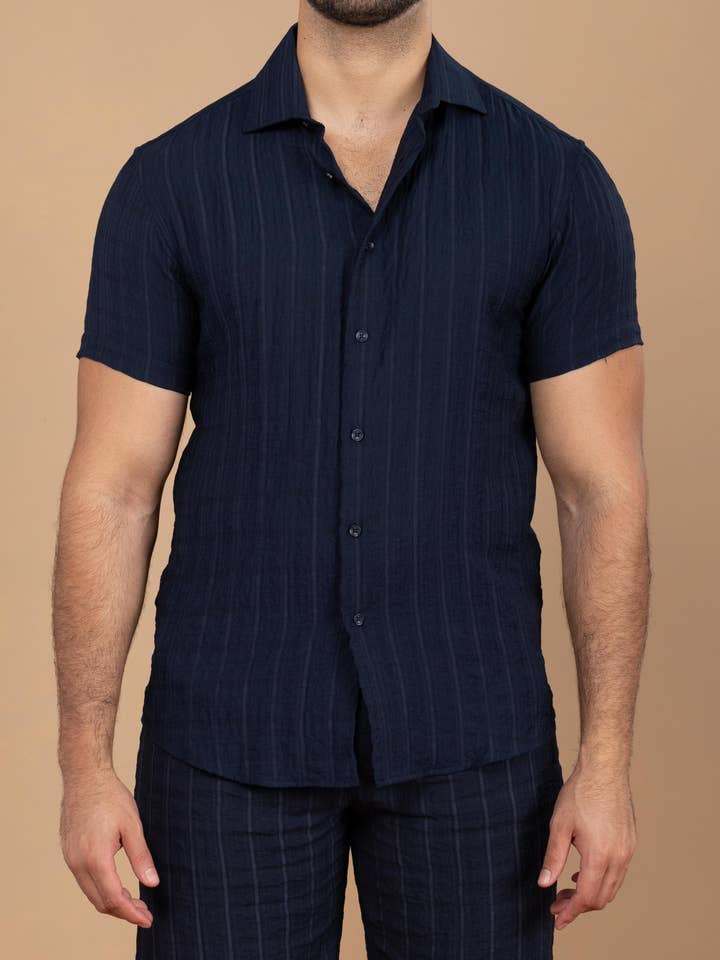 202173 - Camicia a Maniche Corte Blu Navy per la vendita all'ingrosso da parte di Bespoke Moda