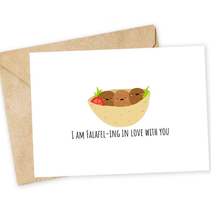 Falafel Love Greeting Card: Handmade Foodie Valentine for wholesale by Chewy Lemon Studio
