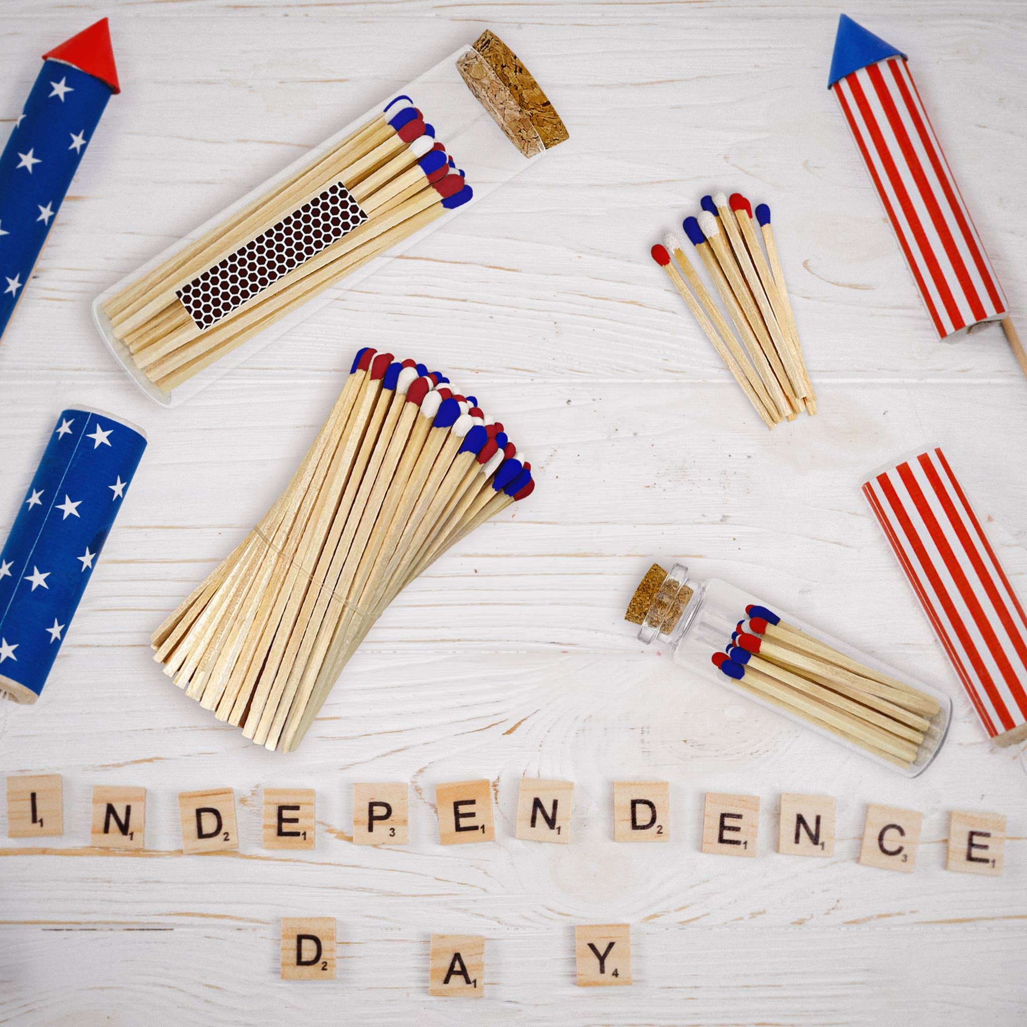 Patriotic Red, White & Blue Matches, Size & Holder of Choice for wholesale on Faire13