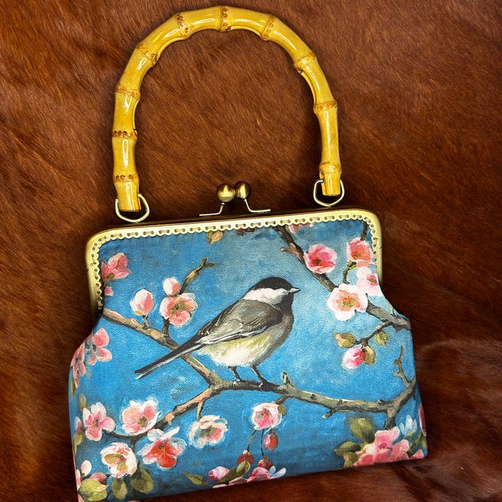 Handmade Silk Clutch With Bamboo Handle, Floral Bird Design for wholesale by LeisTextileStudio