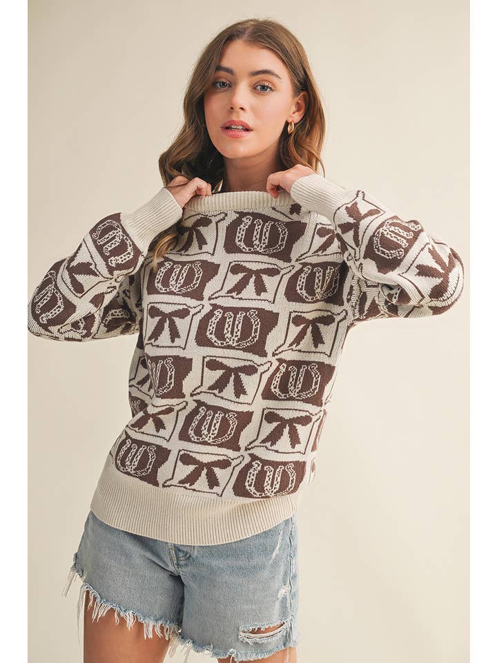 Aapparella - Wholesale Knit Sweater - Women's - Bows & Horseshoes Fashion Western Pattern Sweater | S-4X1