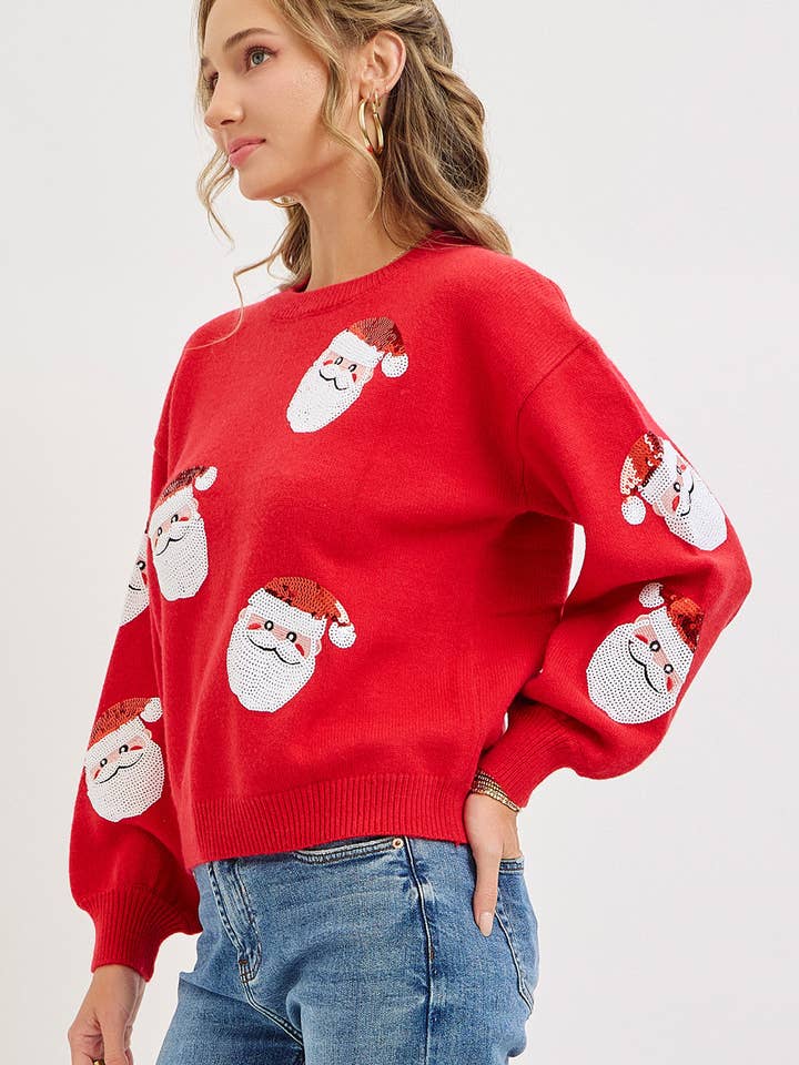 Red FESTIVE CHRISTMAS HOLIDAY SANTA SEQUIN SWEATER for wholesale on Faire2