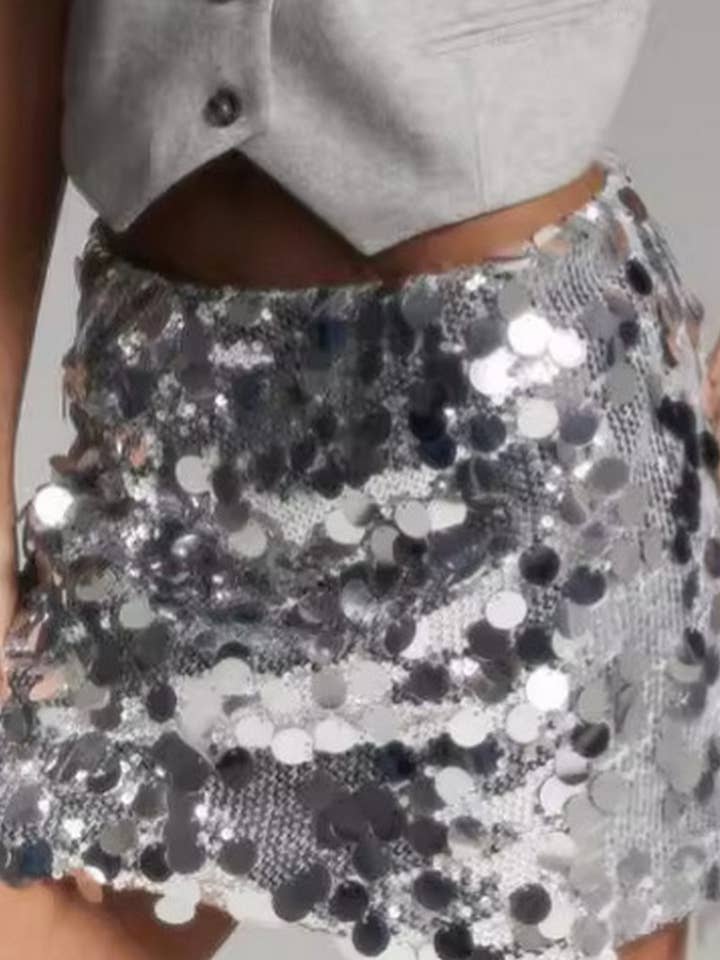 NINEXIS - Wholesale Skirt - Women's - CWBSS0349_HIGH WAIST SOLID COLOR SEQUINED MINI SKIRT0