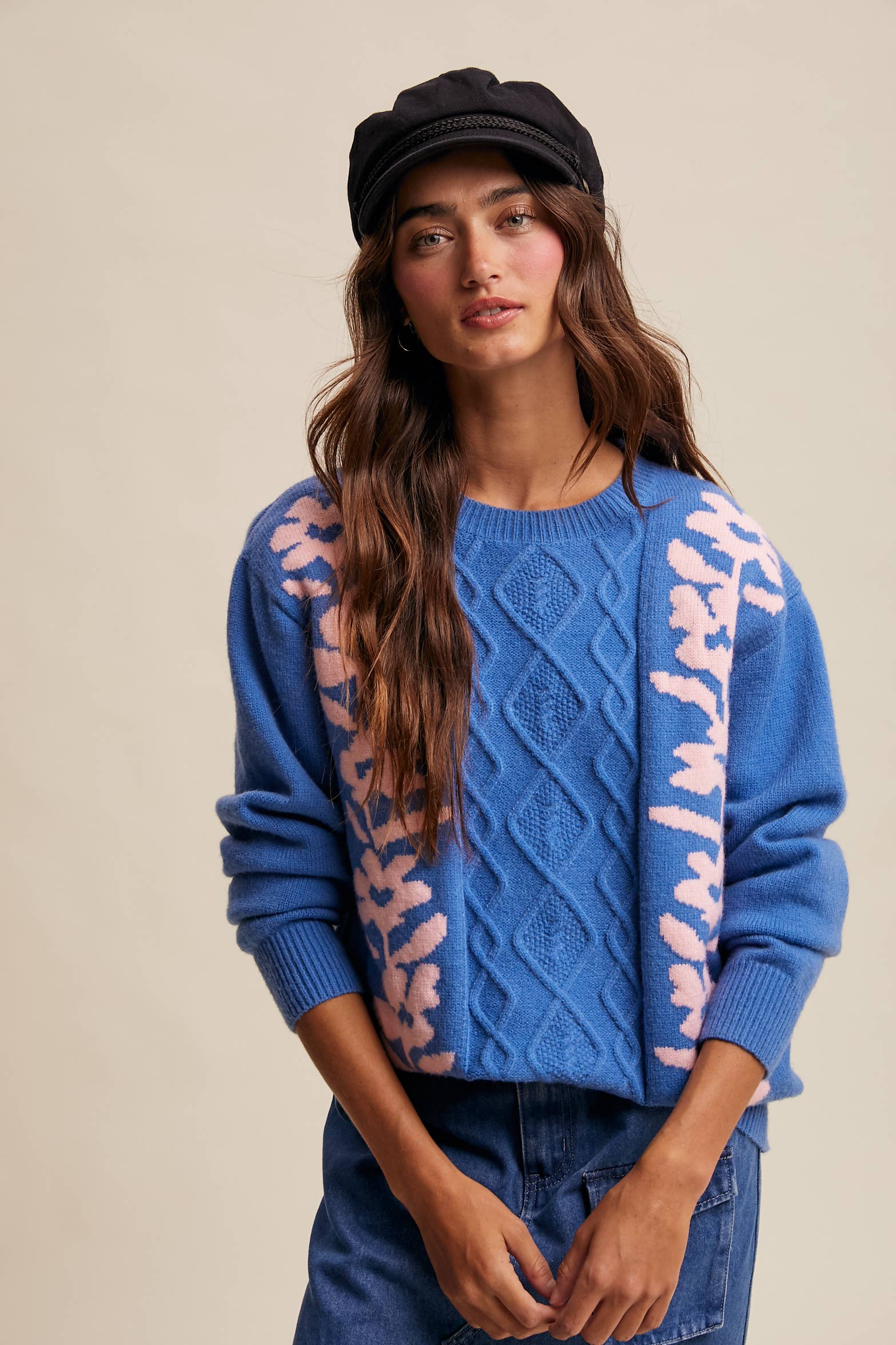 Listicle - Wholesale Knit Sweater - Women's - Floral Panel Cable Knit Sweater (LSW0880)1