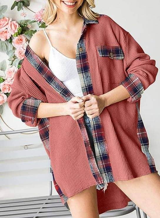 Queen Fashion – wholesale Jacket – Women's – sleeve top melliflo waffle knit plaid shacket16