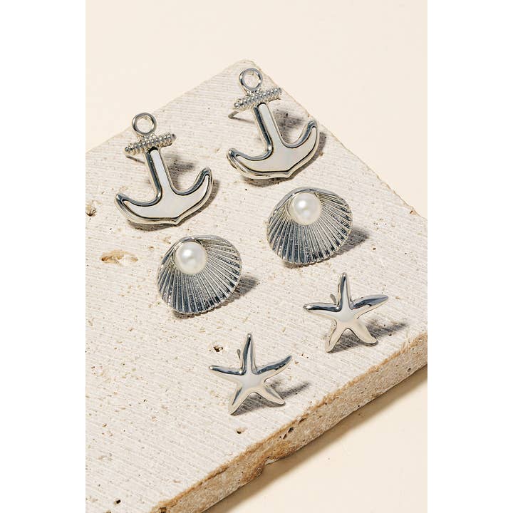 Anarchy Street - Wholesale Jewelry Set - Shell And Pearl Ocean Theme Stud Earrings Set