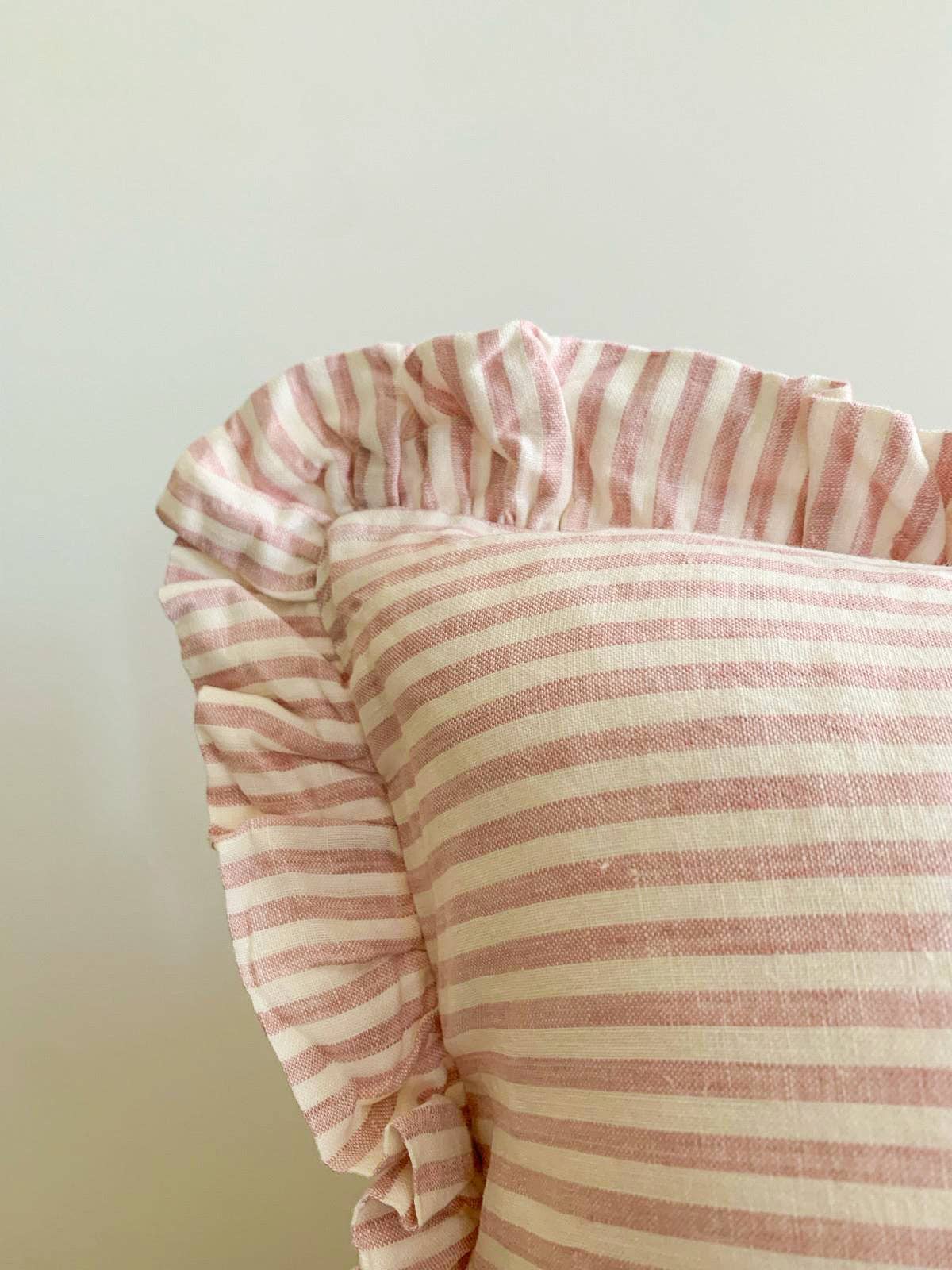 Mama and Tochter - Wholesale Lumbar Pillow - Pure French Linen Ruffle Lumbar - Pink Pinstripes1