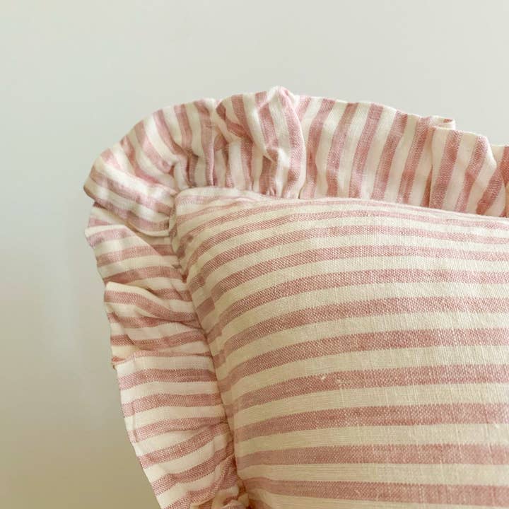 Mama and Tochter - Wholesale Lumbar Pillow - Pure French Linen Ruffle Lumbar - Pink Pinstripes1