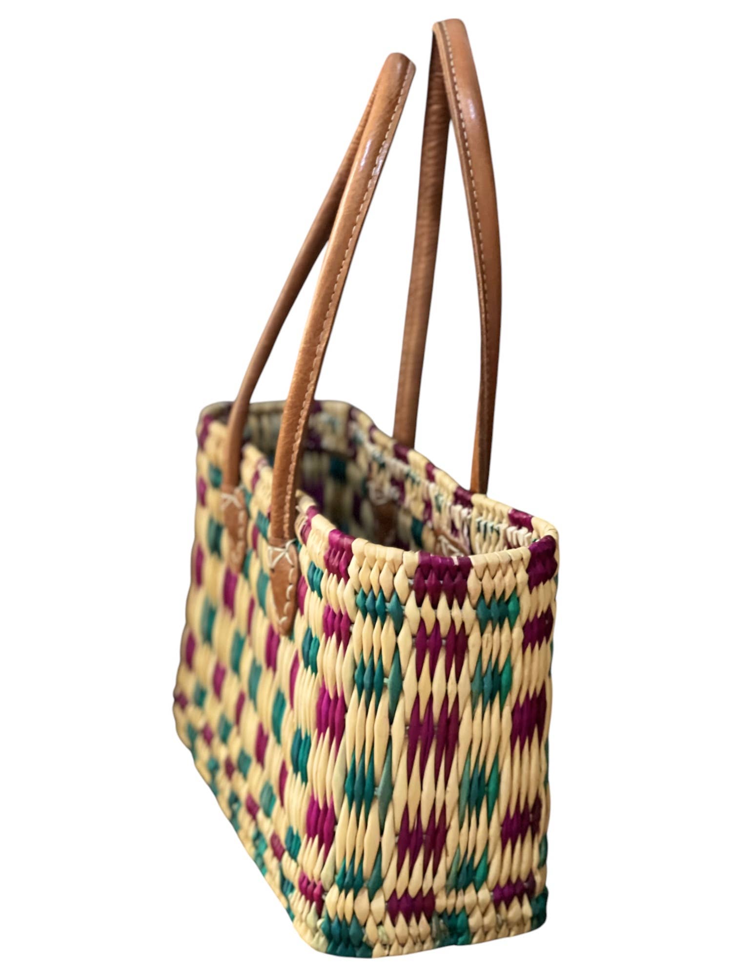 HandHappiness – Großhandel Lebensmittel-/Einkaufstasche – Handgefertigter gewebter Einkaufskorb aus Binsen - Grün & Lila - 39