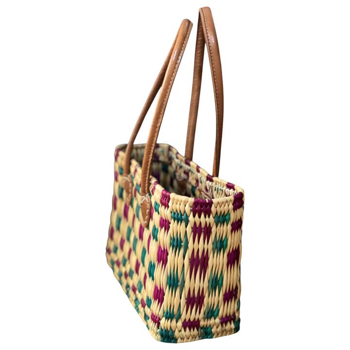 HandHappiness – Großhandel Lebensmittel-/Einkaufstasche – Handgefertigter gewebter Einkaufskorb aus Binsen - Grün & Lila - 39