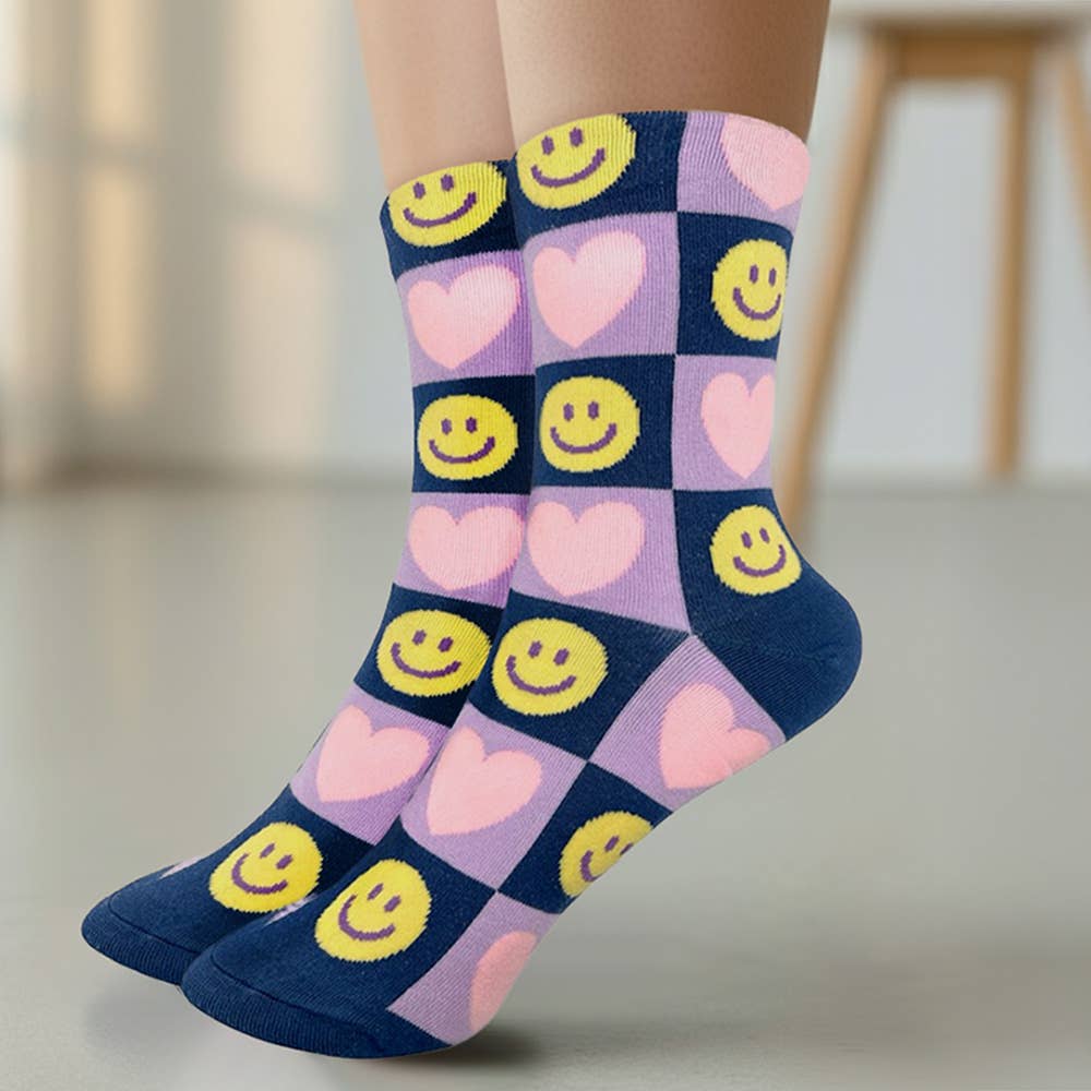 Sensibling Corp. - Wholesale Socks - Women's - 10Pairs - Smile Face Heart Pattern Printed Socks11