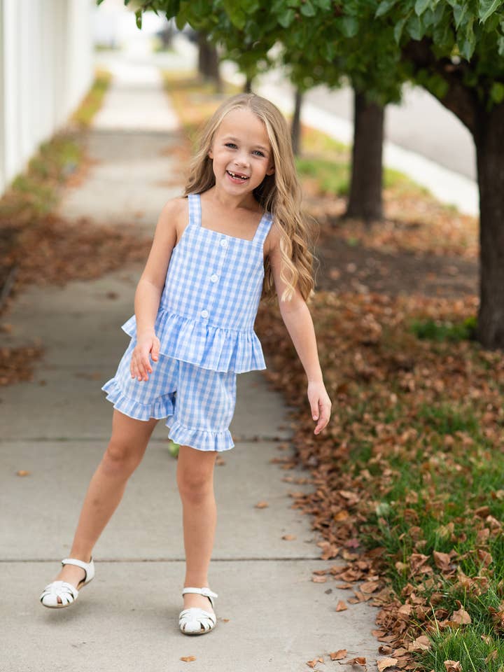 Wren & James - Wholesale Top & Short Set - Kids - Kids Blue Check Gingham Ruffle Button Short Set