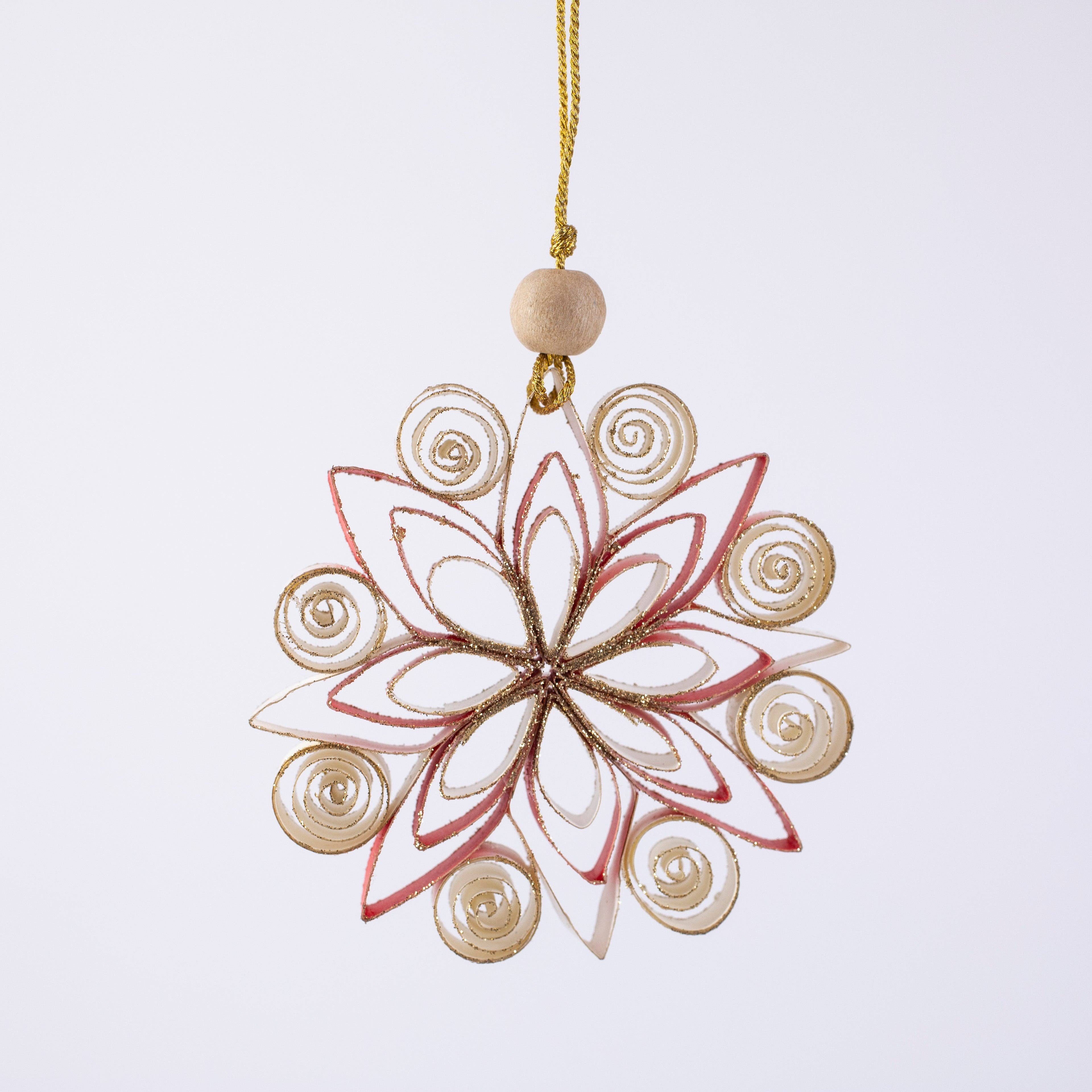 Artschatz LLC - Wholesale Ornament - Quilling Snowflake "Neve" white / red with gold glitter - 4 inch Ø | Christmas / Winter1