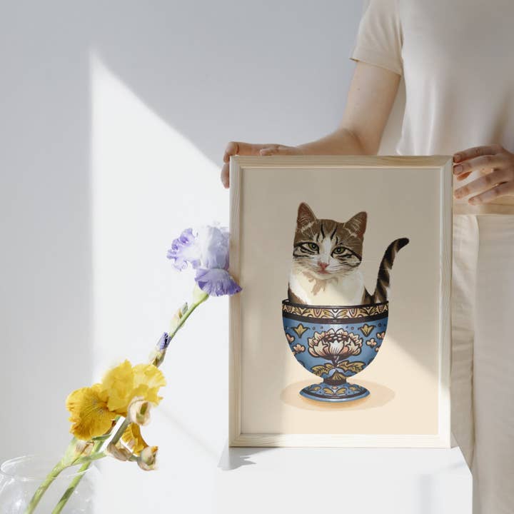 Folk Meadow - Wholesale Art Print - Lotus Teacup Kitty Cat Print - 8x102
