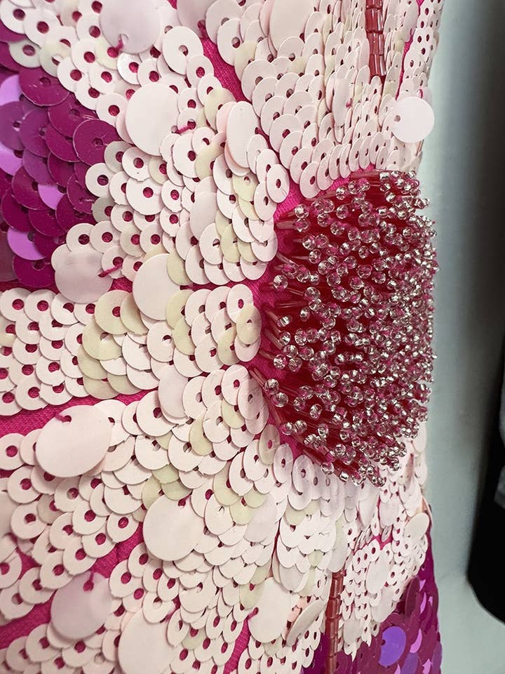 Fuchsia DR752Y Handmade 3D Floral Sequin Beaded Puff Sleeve Dress for wholesale on Faire7