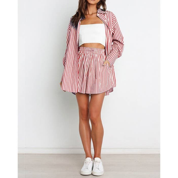 Mapcie - Wholesale Top & Pant Set (NOT Loungewear) - Women's - Striped Oversized Shirt and Drawstring Shorts Set6