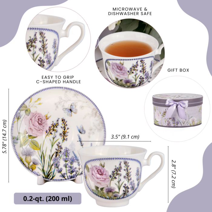 STP - Vente Tasse à café/thé - Tasse et soucoupe en porcelaine lavande avec boîte cadeau2