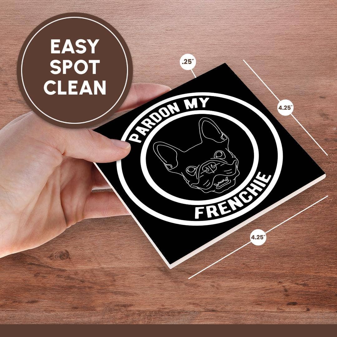 3dRose – Engroshandel Bordskånere – 3dRose, Undskyld min Frenchie i en cirkel med fransk bulldog på sort baggrund, Bordskåner6