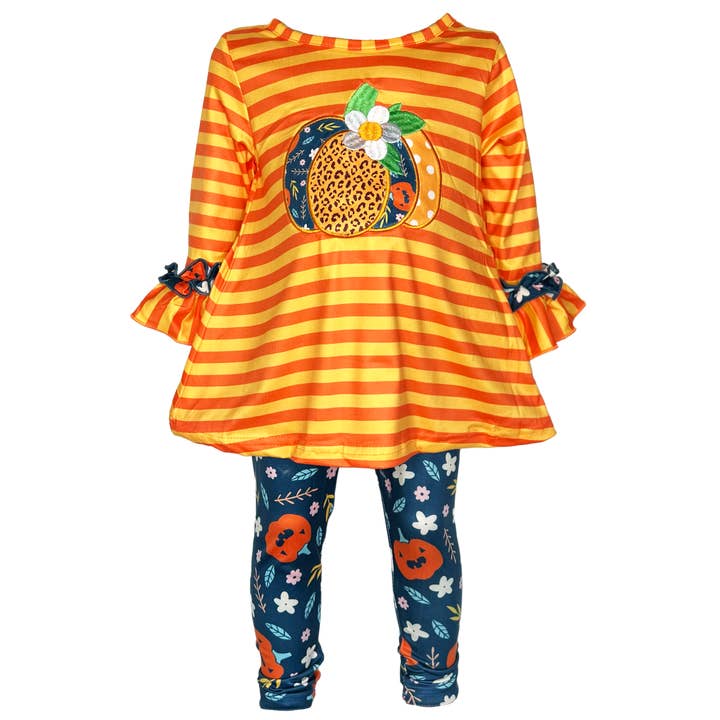 AnnLoren - Wholesale Top & Leggings Set - Kids - Girls Orange Fall Pumpkin 2pc Outfit Thanksgiving Clothes