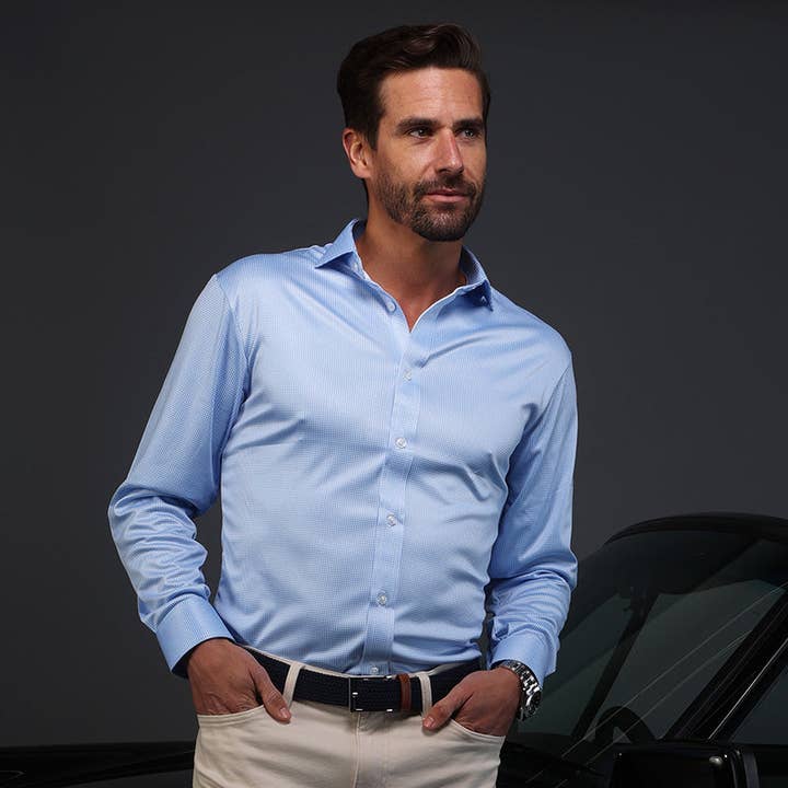 Chemise habillée Quattro Flex à col semi-ouvert bleu pied-de-poule pour la vente par Collars & Co.