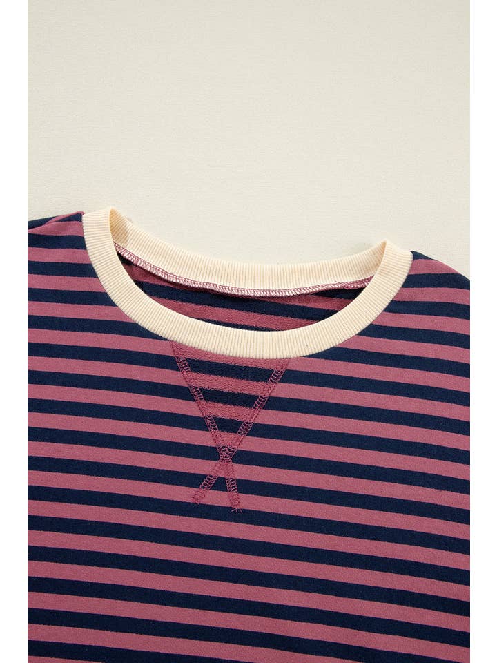 Amaryllis Apparel - Wholesale Sweatshirt - Women's - Stripe Oversized Contrast Trim Pullover Sweatshirt28