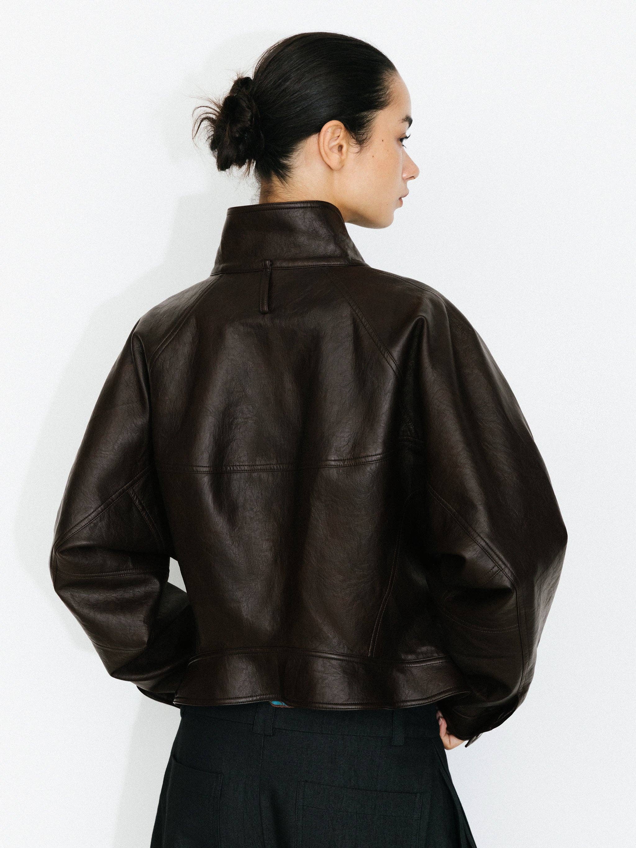 Brown Curved Sleeve Faux Leather Jacket for wholesale on Faire3